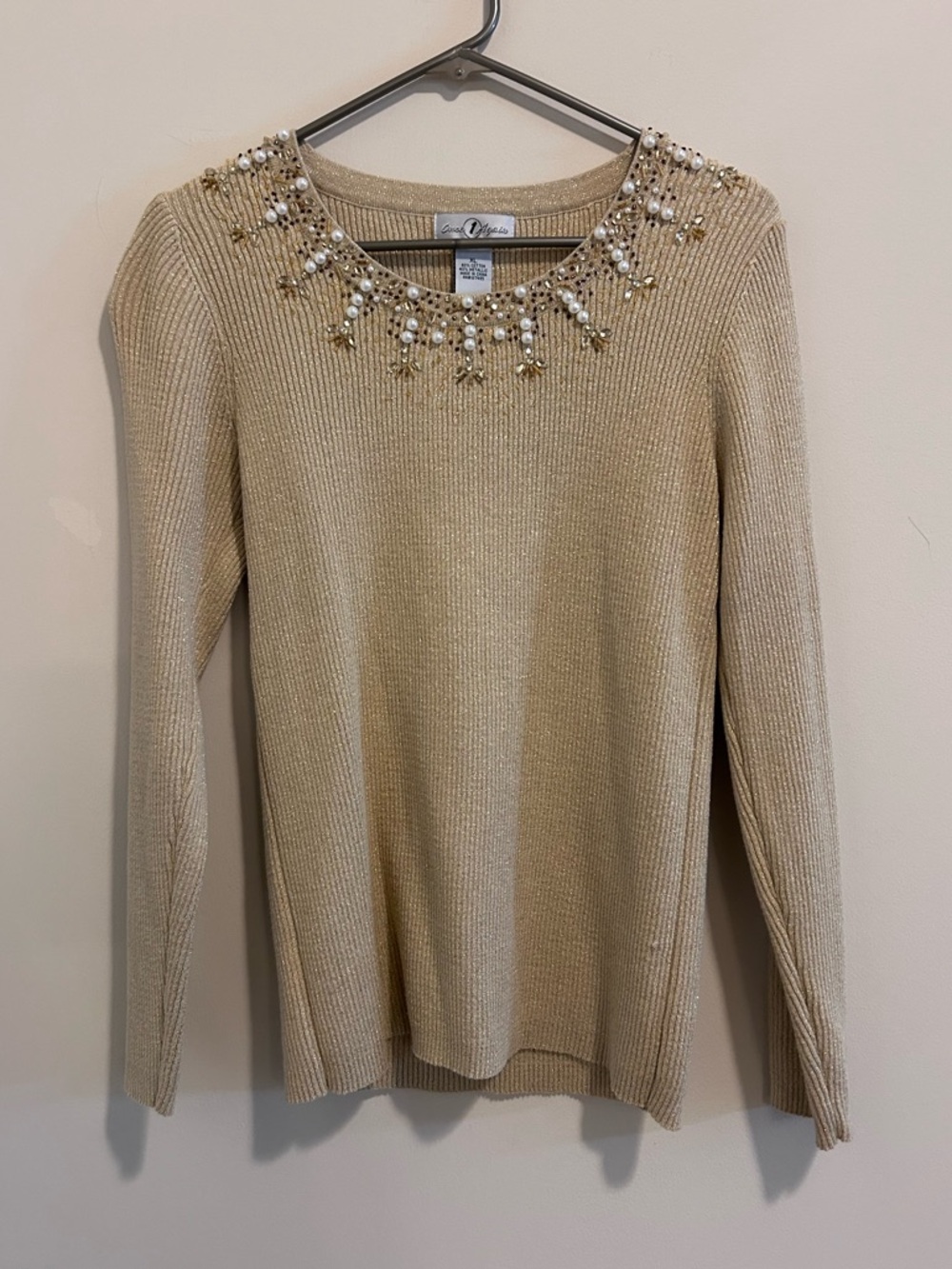 Embellished Crewneck Long-Sleeve Sweater Top -‎ Beige